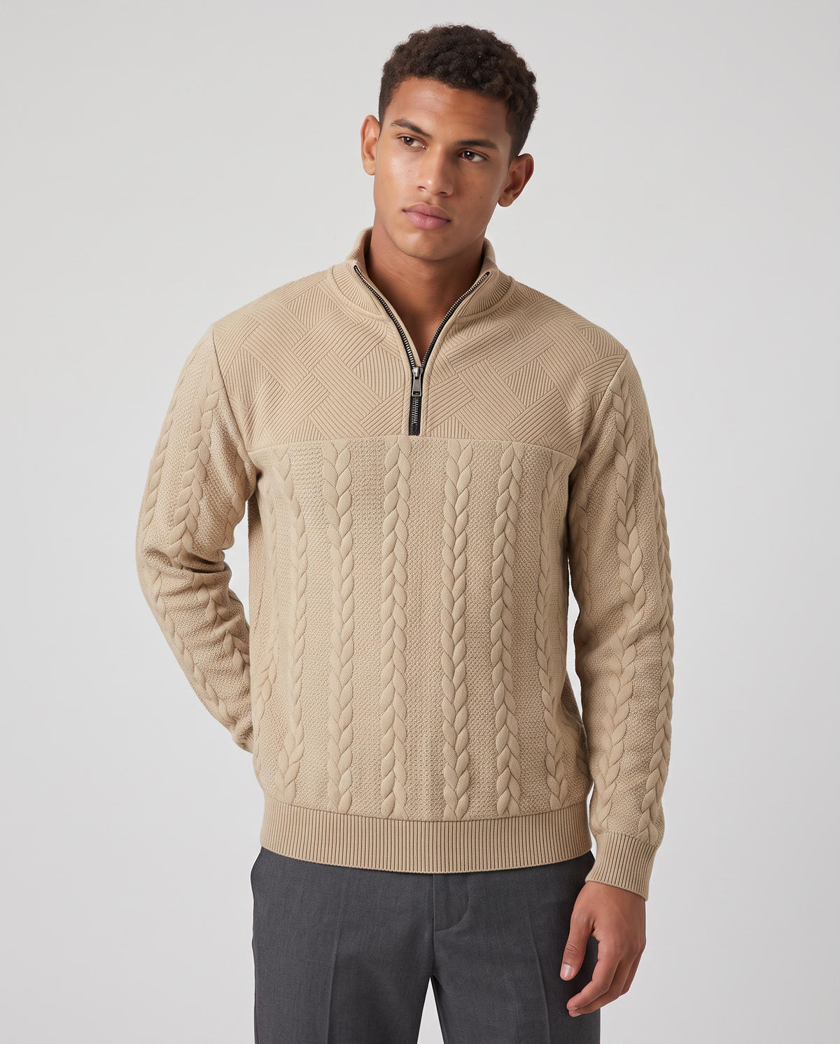 Virelle | Pull Homme en Maille Torsadée à Demi-Zip