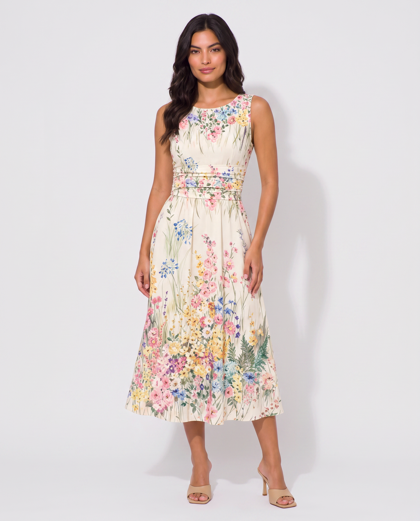 Virelle | Robe Midi Fleurie Sans Manches