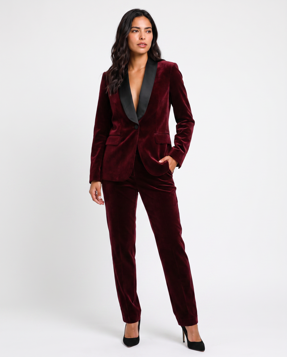 Virelle | Tailleur Tuxedo Femme 2 Pièces en Velours Bordeaux