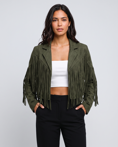Virelle | Veste Femme Croppée à Franges en Suédine