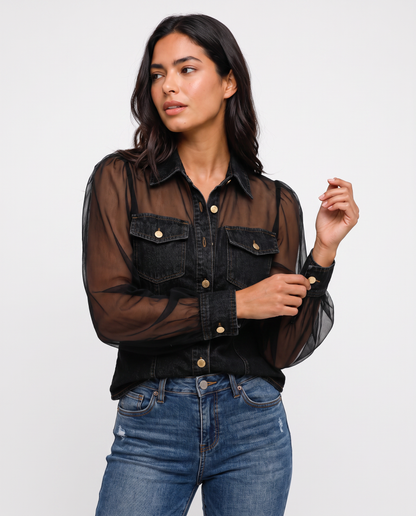 Virelle | Chemisier Femme Look Denim à Manches Transparentes