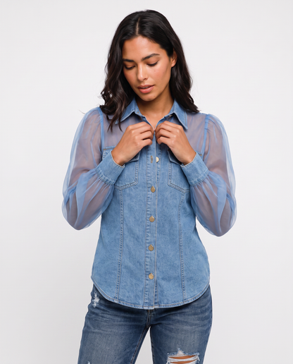 Virelle | Chemisier Femme Look Denim à Manches Transparentes